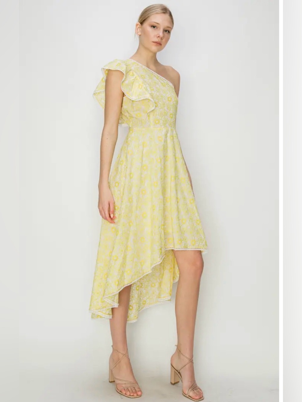 Melloday Nordstroms white yellow embroidered floral one shoulder hi-low dress S - Picture 2 of 9